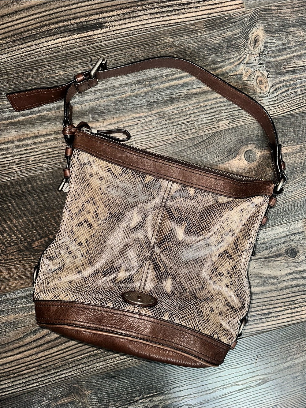 Mint FOSSIL Brown Leather & Snakeskin-Print Shoulder Bag made in 2011-2012